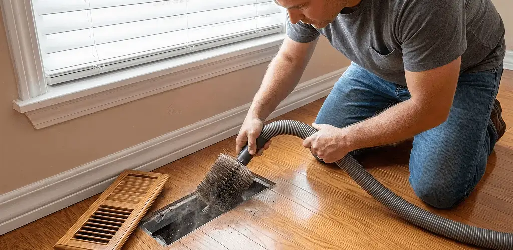 Air duct cleaning technician vacuuming a floor vent and duct opening in Stockton, CA