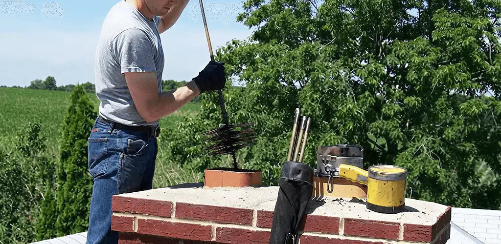 Chimney cleaning technician working on a rooftop chimney with professional tools in Stockton, CA