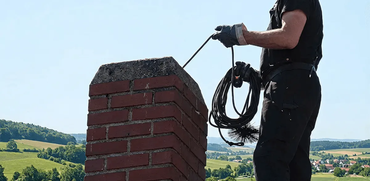 Chimney sweep inspecting and cleaning a rooftop chimney in Stockton, CA