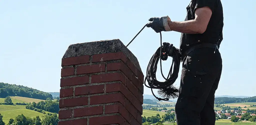 Chimney sweep inspecting and cleaning a rooftop chimney in Stockton, CA
