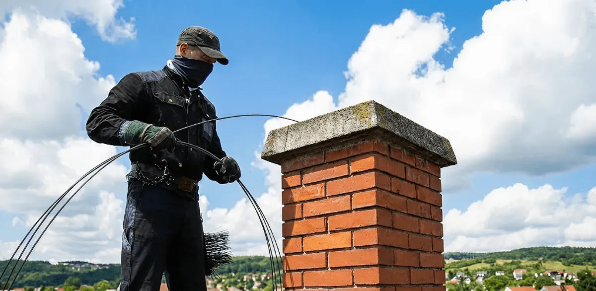 Chimney sweep cleaning a brick chimney with professional tools in Stockton, CA