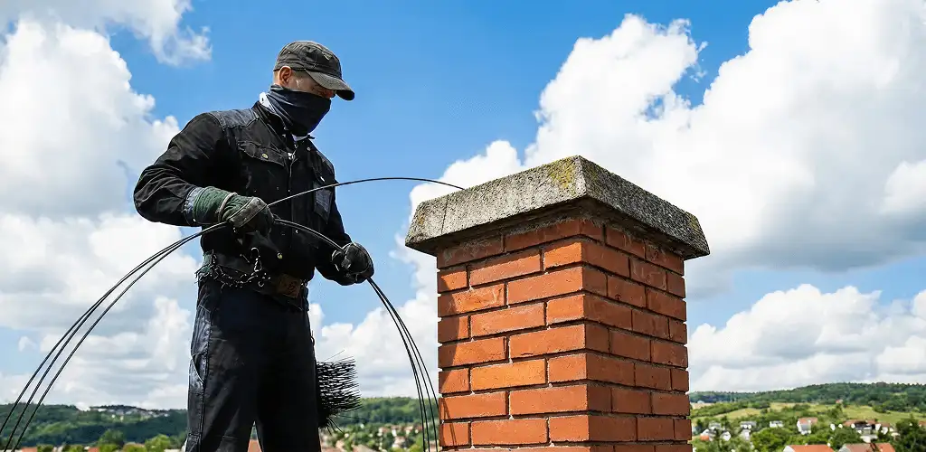 Chimney sweep cleaning a brick chimney with professional tools in Stockton, CA