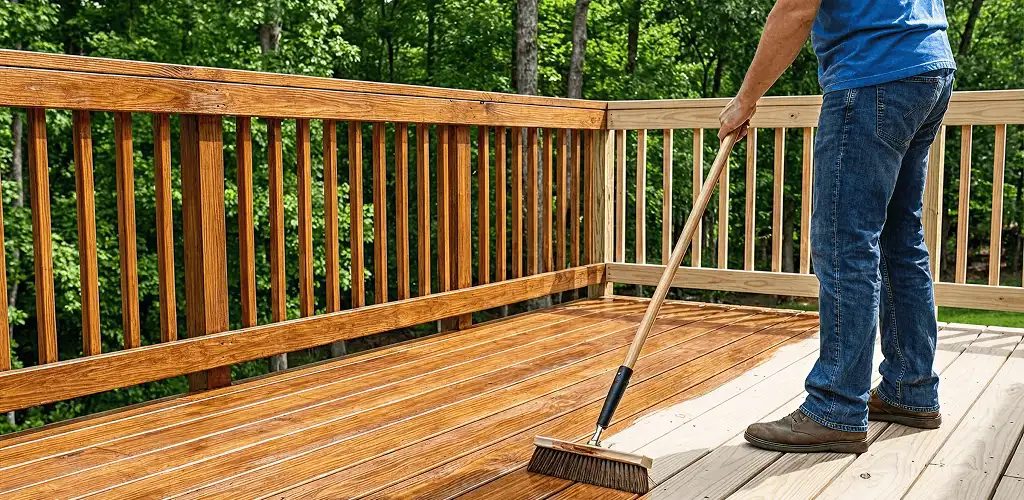 Deck staining and sealing application on a wood deck in Stockton, CA