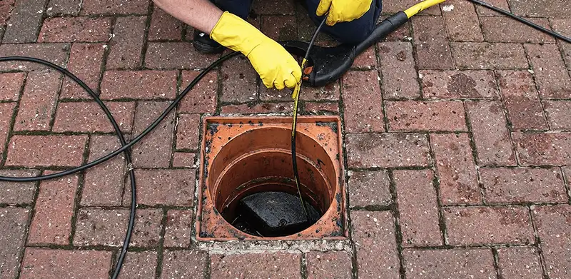 Drain cleaning technician using a drain snake to clear a clogged drain in Stockton, CA