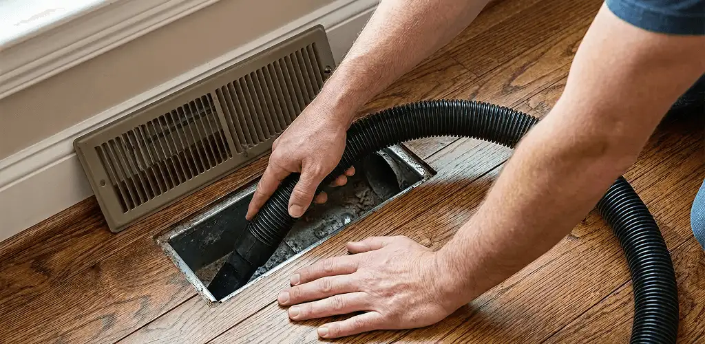 Air duct cleaning technician vacuuming a floor register and duct opening in Stockton, CA