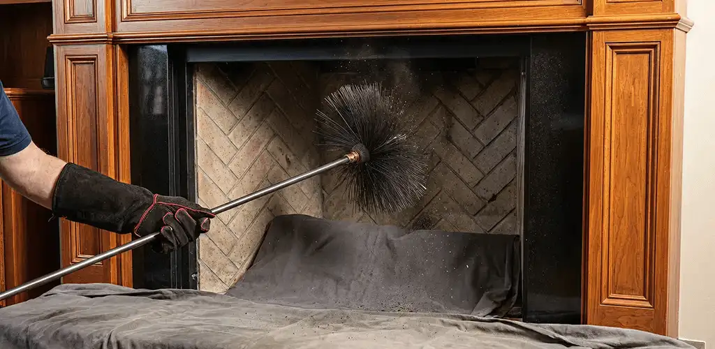 Chimney cleaning service brushing soot from a fireplace and flue in Stockton, CA