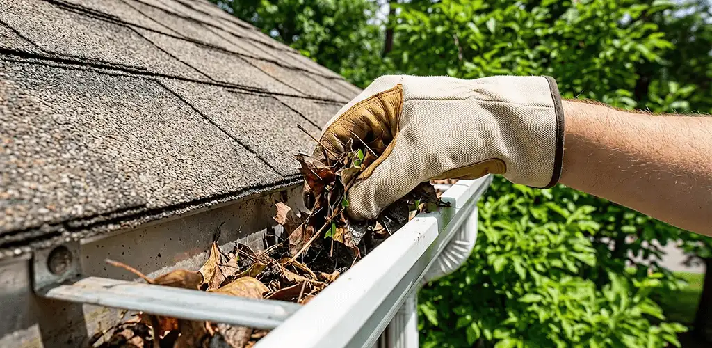 Gutter cleaning removing leaves and debris from roof gutters in Stockton, CA