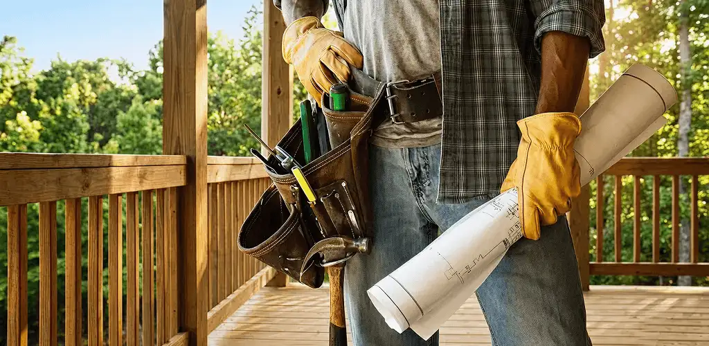 Professional handyman with tool belt ready for home repairs in Stockton, CA