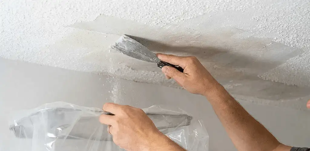 Popcorn ceiling removal technician scraping texture from a ceiling in Stockton, CA