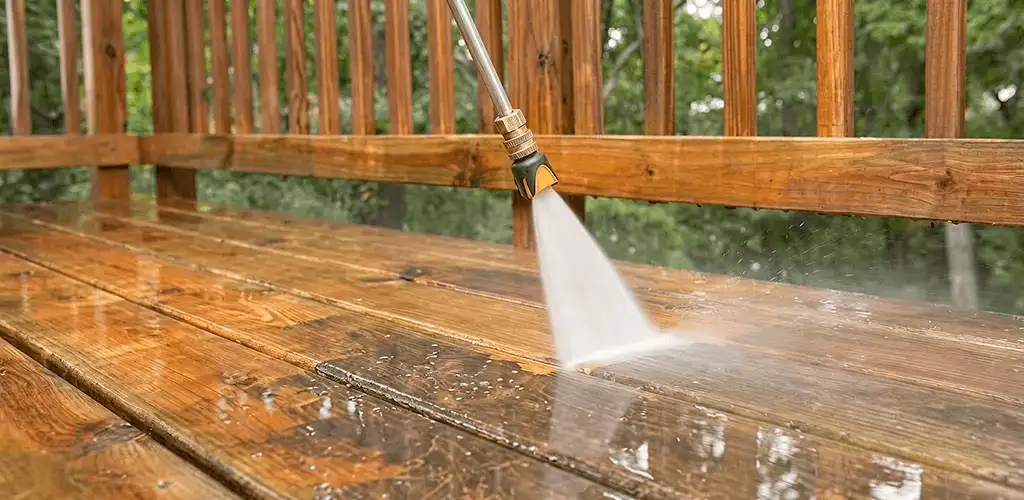 Pressure washing a wood deck to remove dirt and buildup in Stockton, CA