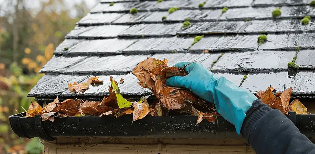 Gutter cleaning technician clearing wet leaves from roof gutters in Stockton, CA