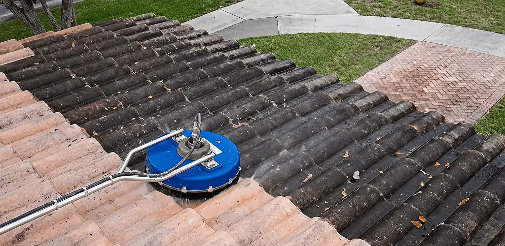 Roof pressure cleaning removing debris and buildup from roof tiles in Stockton, CA