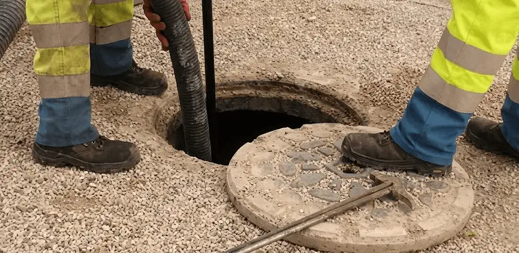 Drain cleaning crew clearing a sewer access point with professional equipment in Stockton, CA