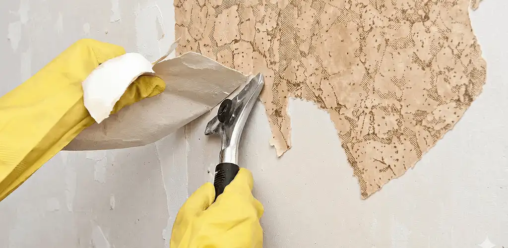 Wallpaper removal service stripping old wallpaper from a wall in Stockton, CA