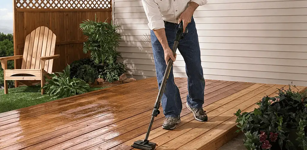 Deck staining service applying stain to a backyard wood deck in Stockton, CA
